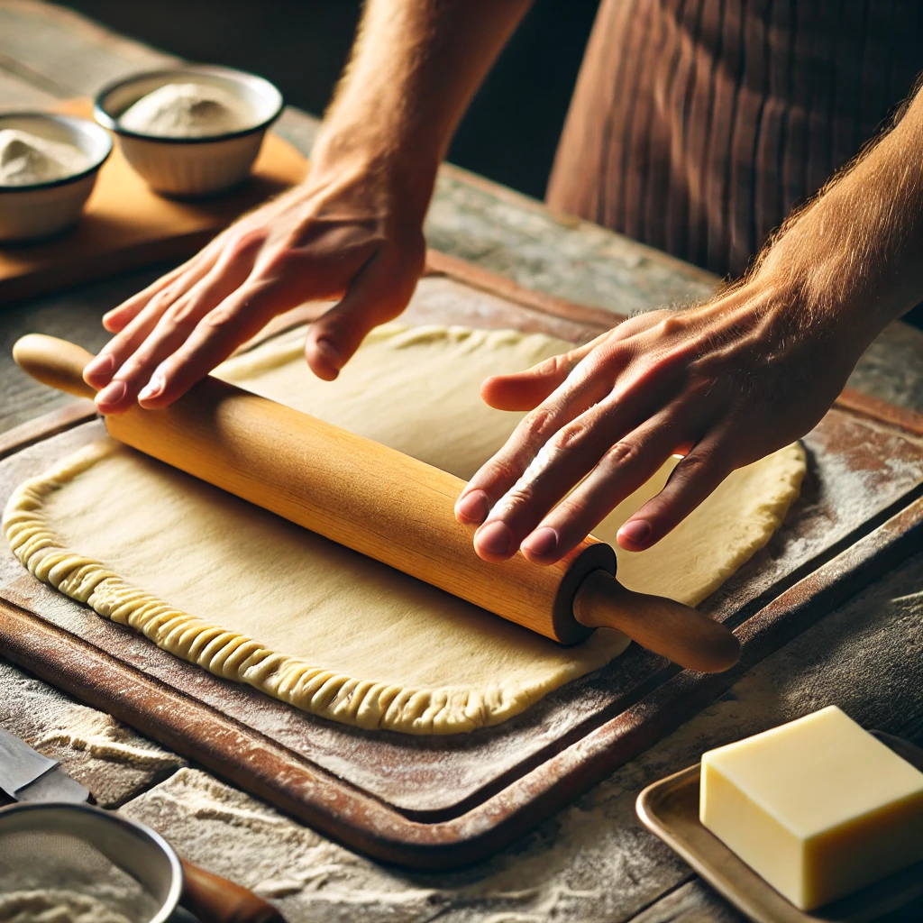 A person rolling puff pastry dough with a rolling pin on a kitchen countertop, preparing it for dessert recipes.