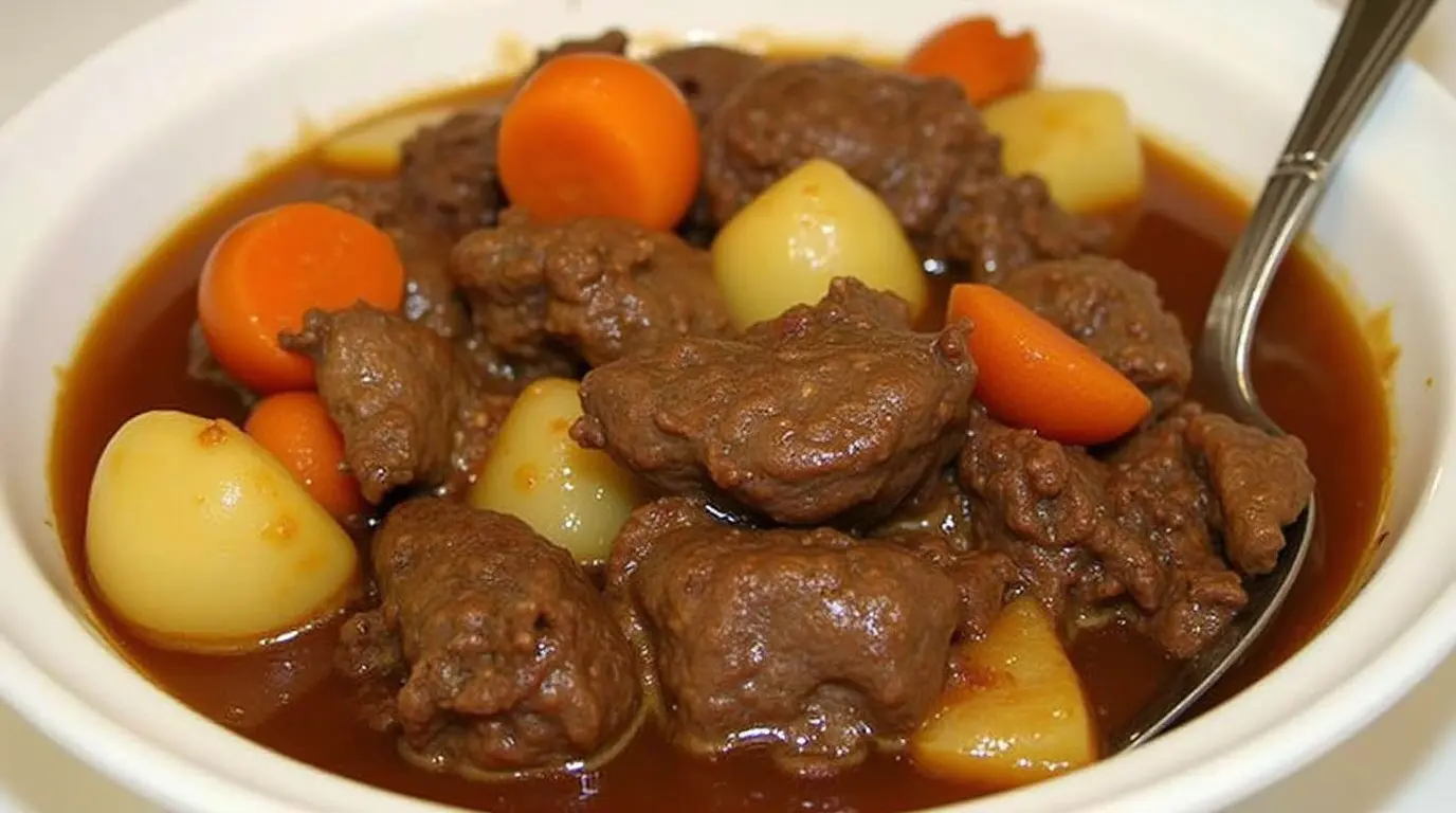 A hearty beef stew featuring tender beef chunks, carrots, potatoes, and a rich, aromatic broth, beautifully presented in a rustic bowl