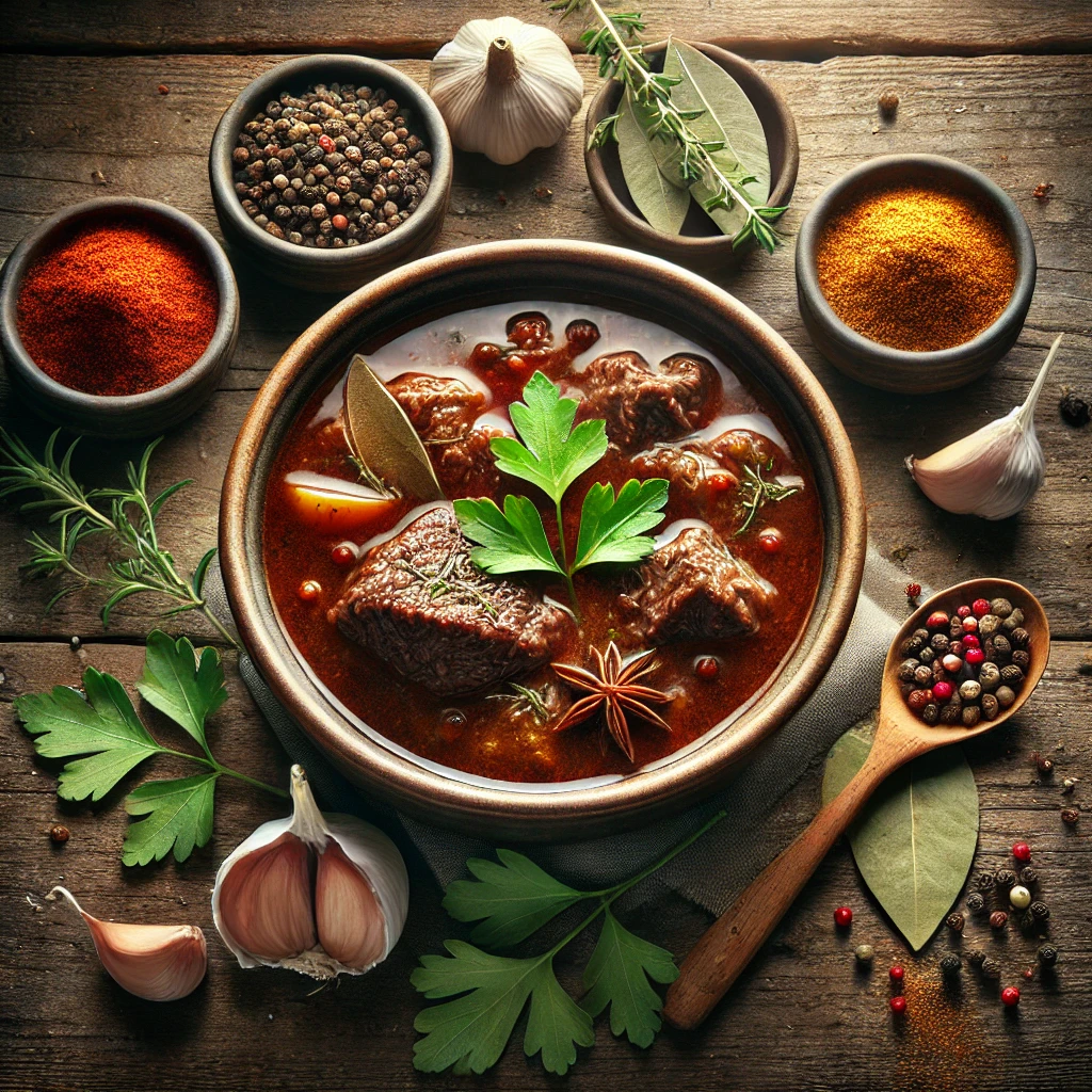 Close-up of beef chunks being seared in a pan with a golden-brown crust and steam rising, surrounded by salt and pepper on a wooden countertop.