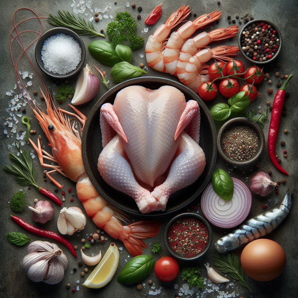 Raw chicken and shrimp on a cutting board, with fresh herbs, garlic, and lemon slices
