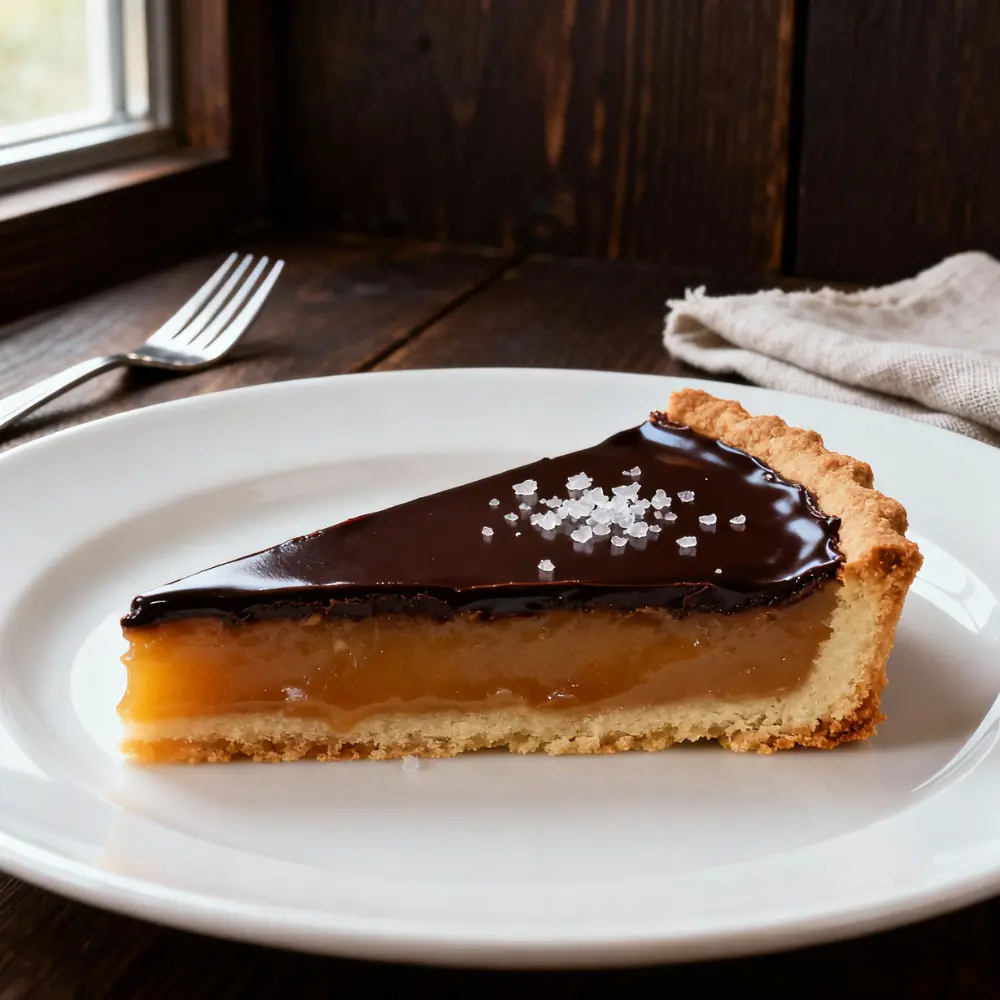 A slice of salted caramel ganache tart on a white plate showing layers of buttery crust, golden caramel, and glossy chocolate ganache.