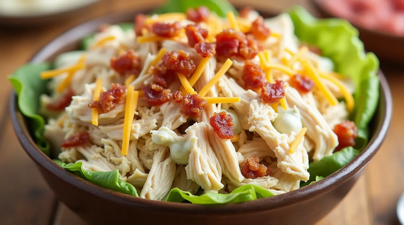 Sassy Scotty Chicken Salad with shredded chicken, ranch dressing, cheddar cheese, and crumbled bacon