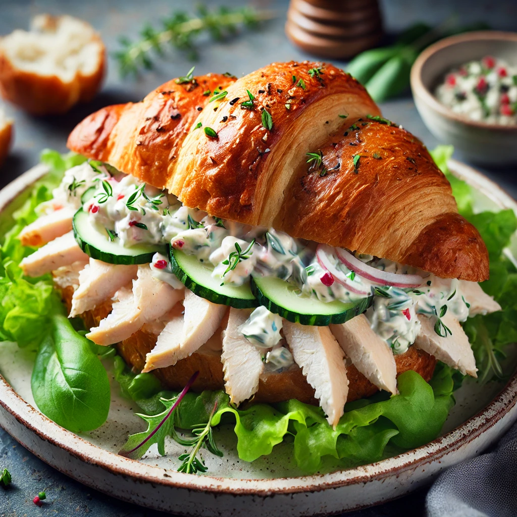 Sassy Scotty Chicken Salad served on a croissant with fresh herbs and a side of greens.