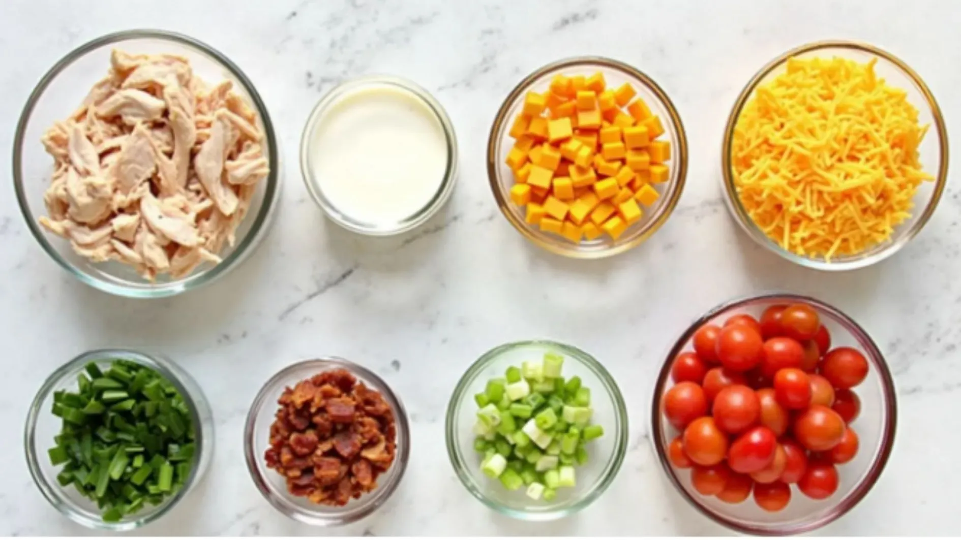 Assortment of ingredients for Sassy Scotty Chicken Salad including shredded chicken, ranch dressing, shredded cheddar cheese, crumbled bacon, and fresh herbs.