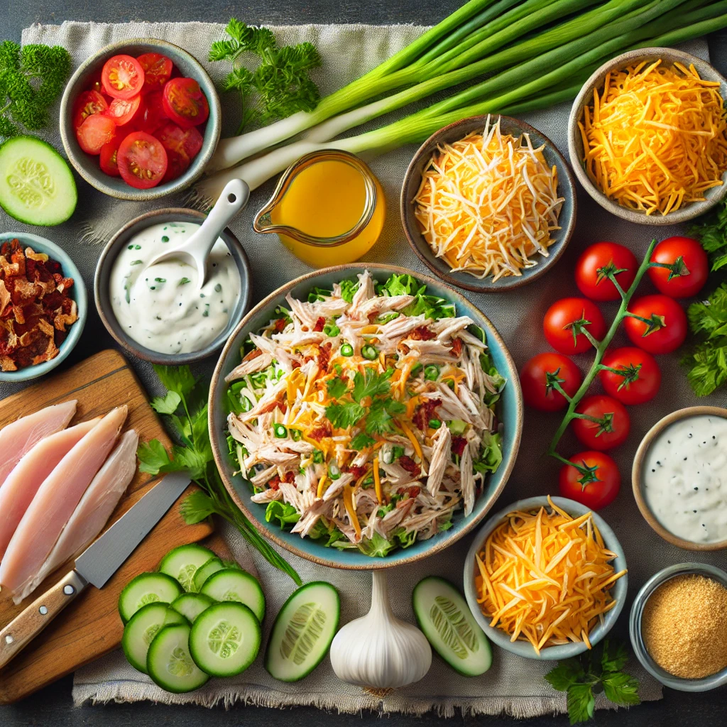 Assortment of ingredients for Sassy Scotty Chicken Salad including shredded chicken, ranch dressing, shredded cheddar cheese, crumbled bacon, and fresh herbs.