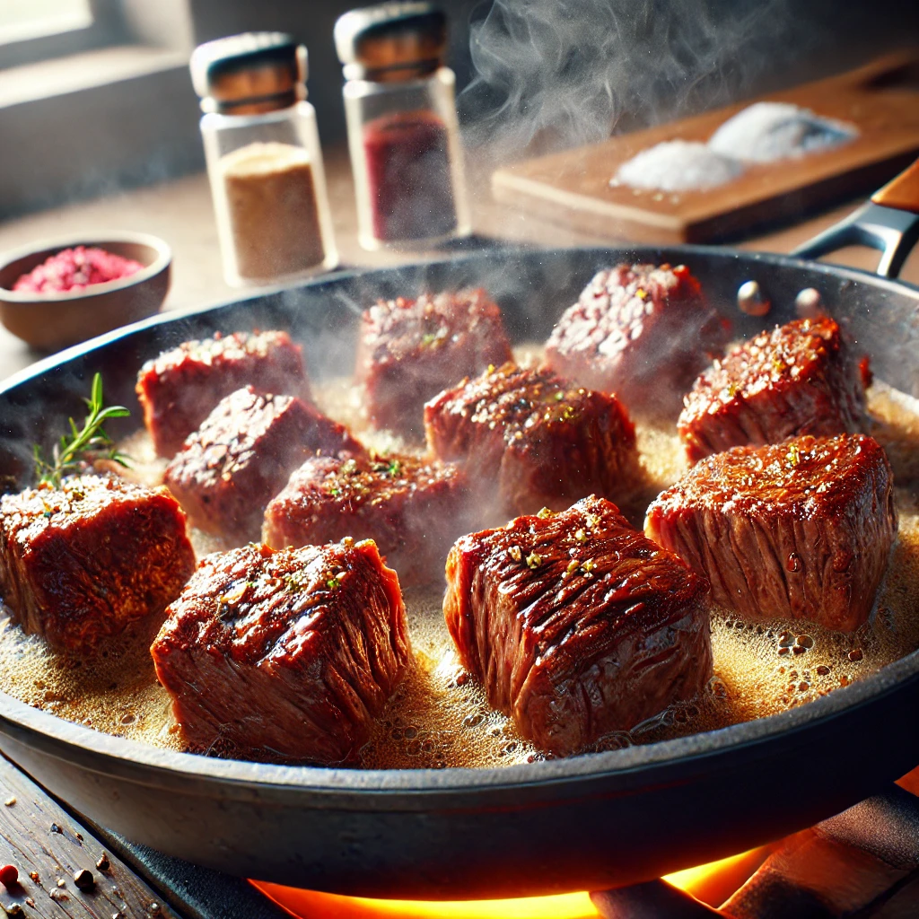 Close-up of beef chunks being seared in a pan with a golden-brown crust and steam rising, surrounded by salt and pepper on a wooden countertop.