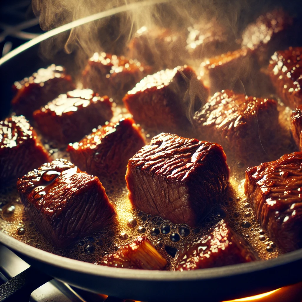 Close-up of beef chunks being seared in a pan, with caramelized edges and steam rising.