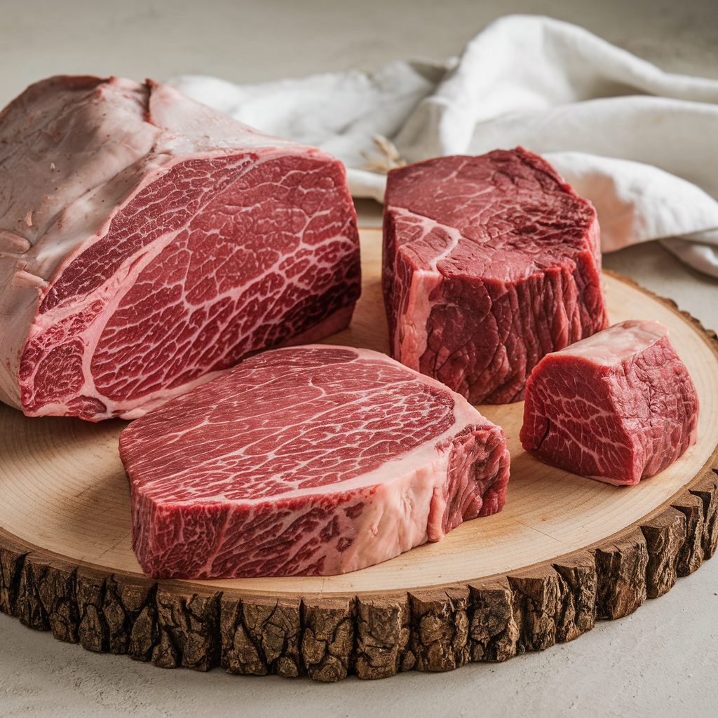 A variety of beef cuts on a wooden board, ready to be sliced.
