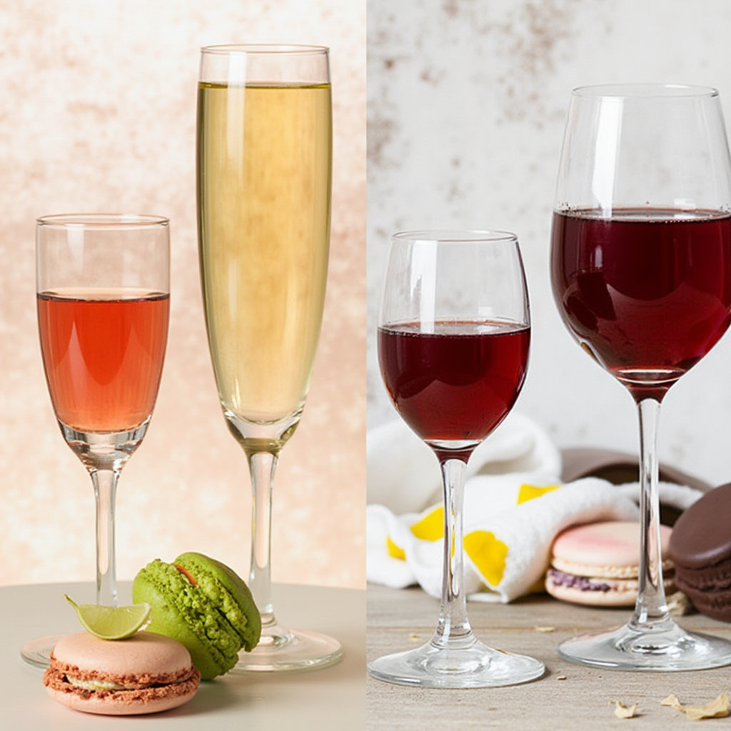 A variety of dessert wines, including Sauternes, Port, and Moscato d’Asti, arranged with macarons and chocolate truffles on a rustic table.