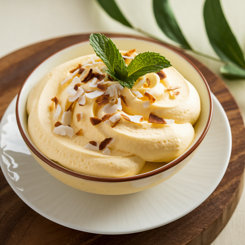 A bowl of perfectly set mango mousse topped with coconut flakes and mint leaves.
