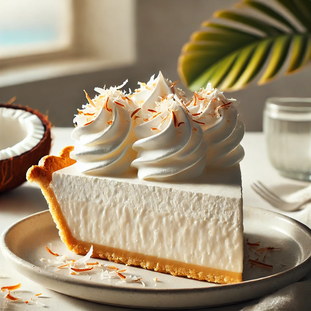 A slice of creamy Haupia Pie with a layer of whipped cream on a white plate. 
