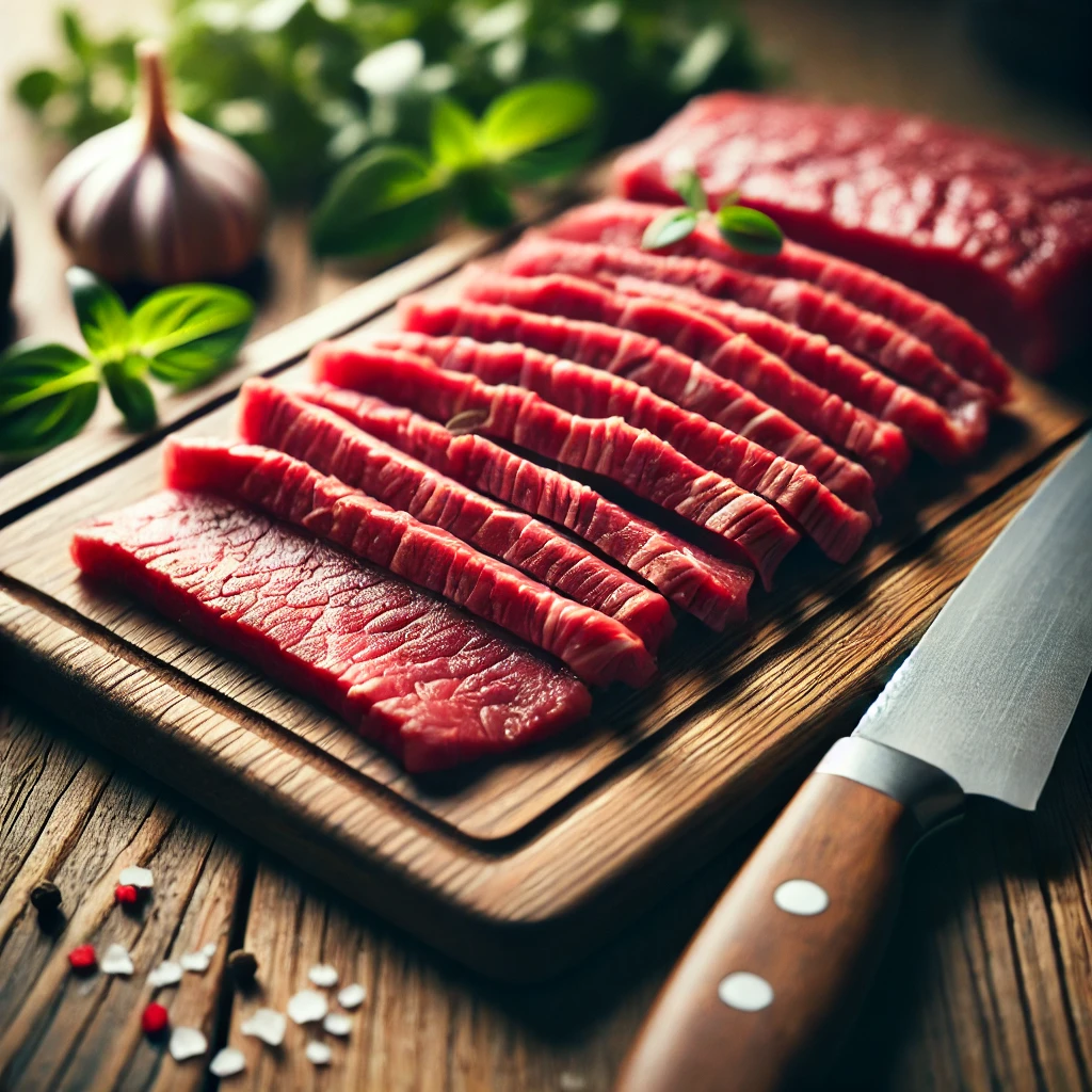 Thin beef slices on a cutting board, prepared for making Teriyaki Beef Jerky.
