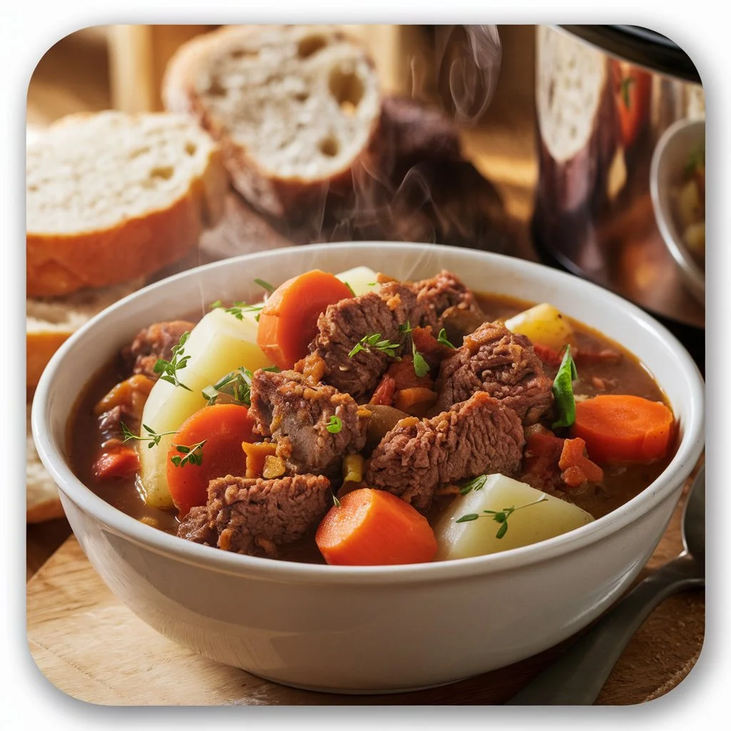 Slow-cooked crock pot beef stew served in a bowl with vegetables and crusty bread.
