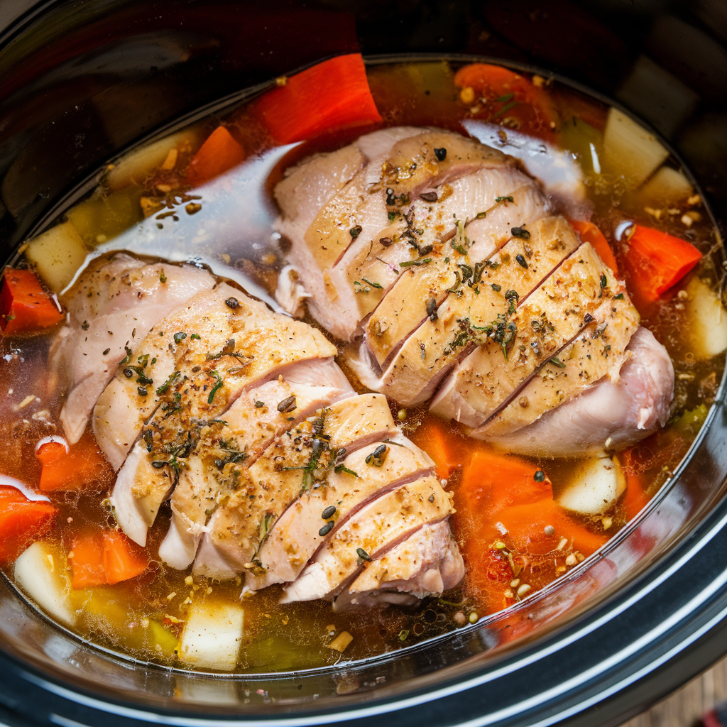 Slow cooker with thin cut chicken breasts cooking in broth
