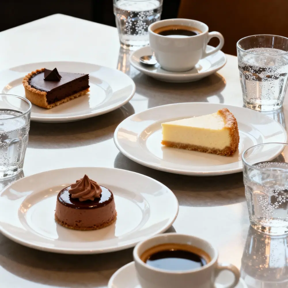 Plated desserts including chocolate tart, cheesecake, and mousse served with coffee and sparkling water on a table.