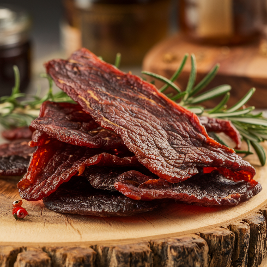 Close-up of smoked beef jerky on a wooden board.