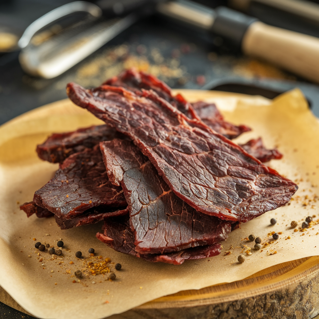 Close-up of smoked beef jerky on a rustic wooden table.