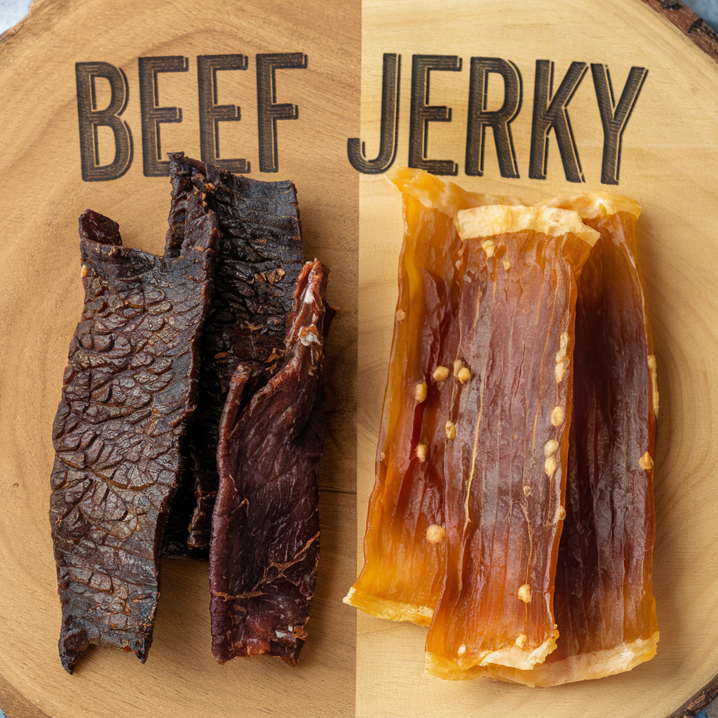 A comparison of smoked and dehydrated beef jerky side by side.
