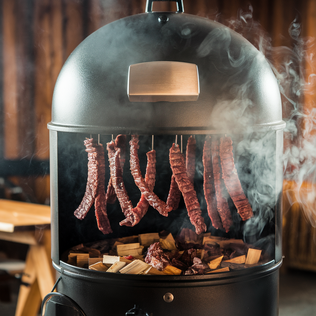 A smoker filled with beef jerky strips, smoking in progress.
