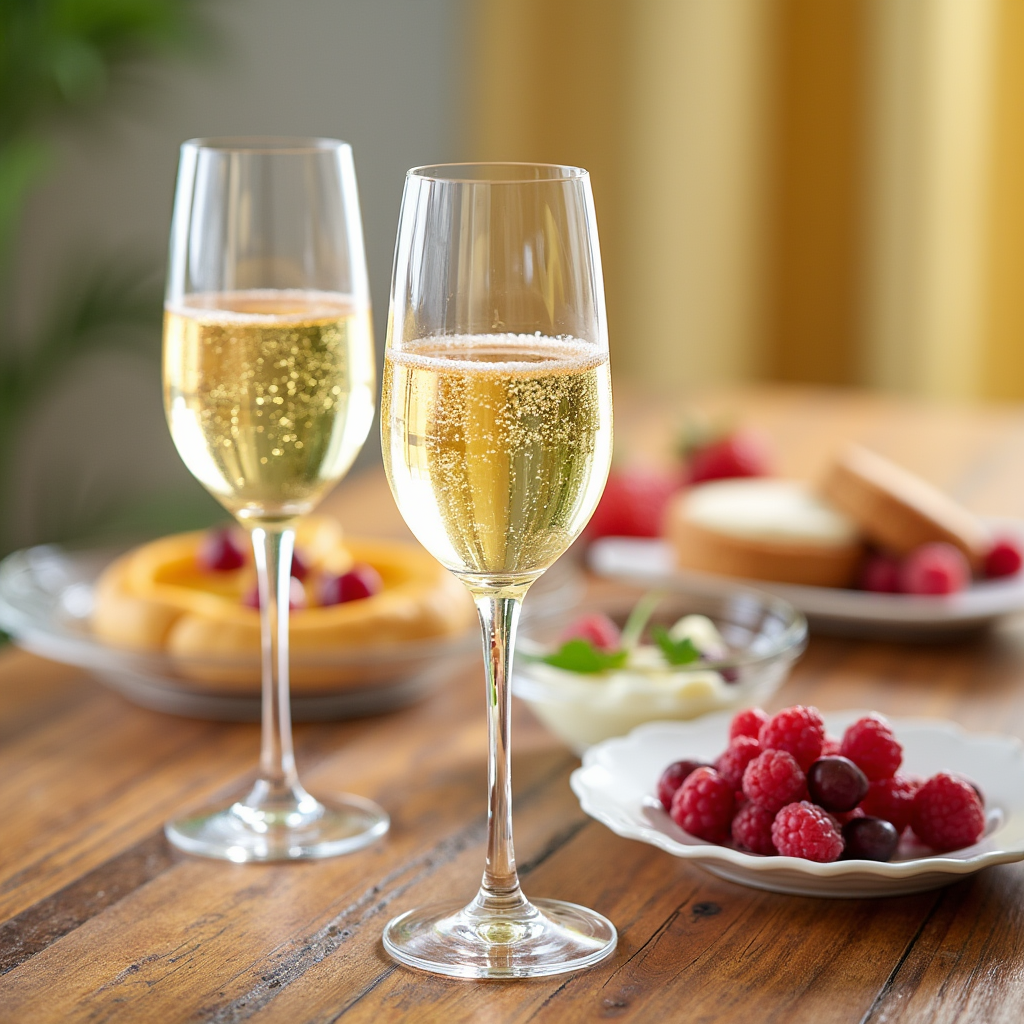 A glass of sparkling dessert wine with light desserts like macarons and fruit tarts in the background on an elegant table setting.
