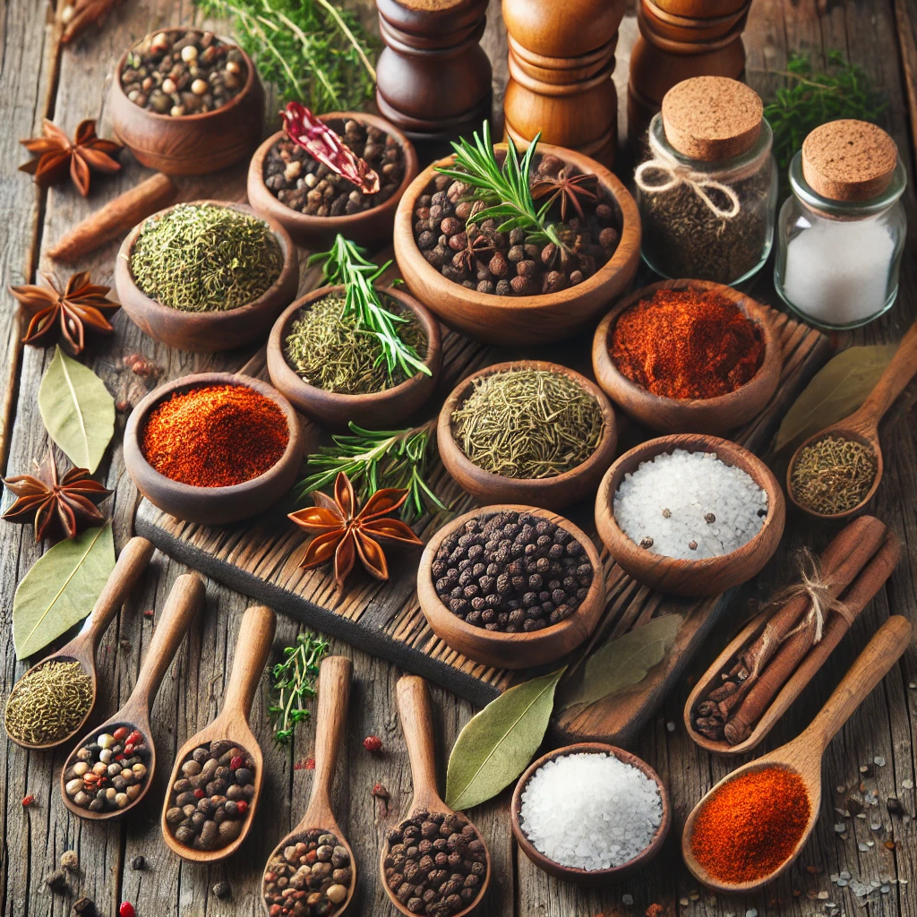 Spices in small bowls ready for beef stew seasoning