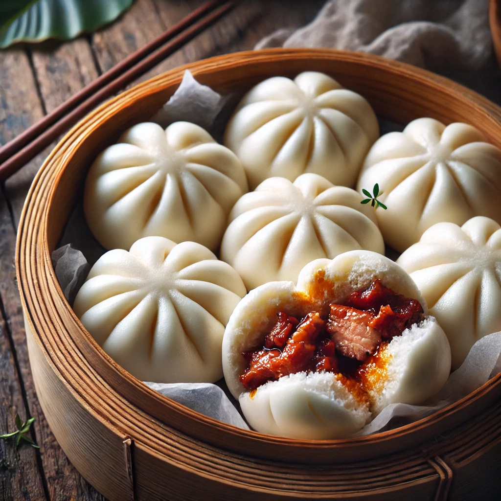 Steamed Manapua buns filled with sweet char siu pork, arranged in a bamboo steamer. 
