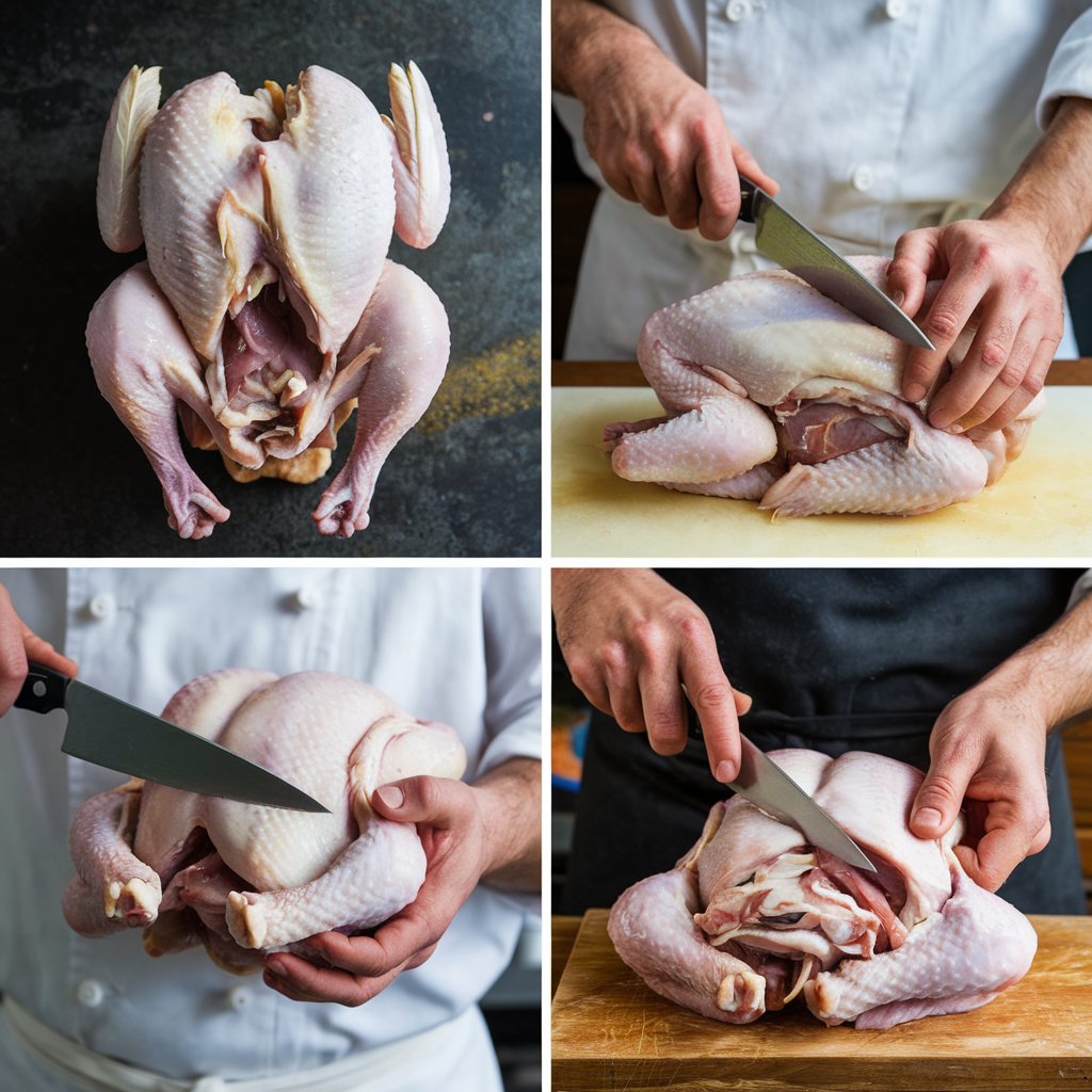 Steps involved in the chicken dressing process with tools and ingredients.
