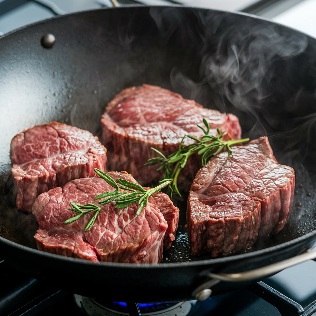 Beef slices being stir-fried in a wok over high heat with steam rising.
