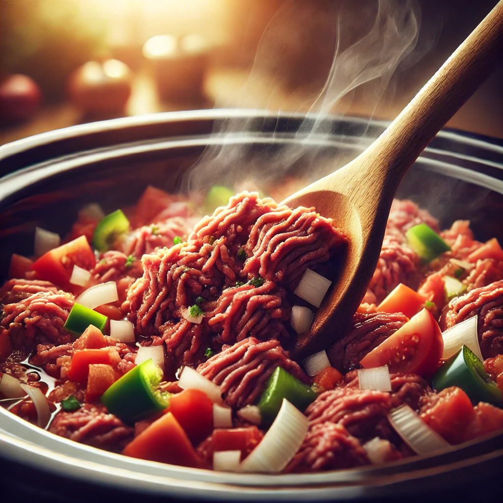 Wooden spoon stirring ground beef and vegetables in a crock pot.
