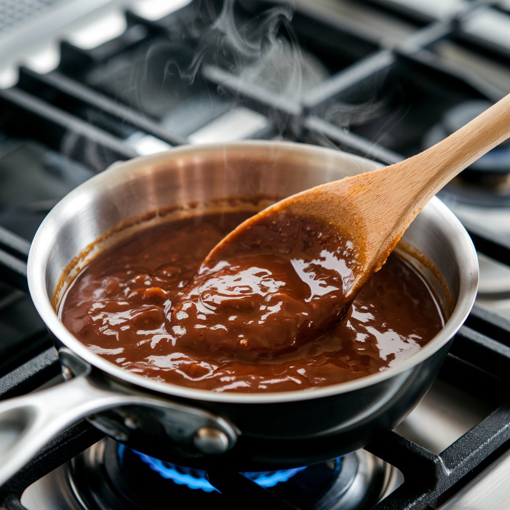 A saucepan on a stovetop with pepper steak sauce being stirred using a wooden spoon.
