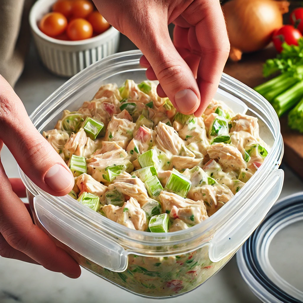 Chicken salad being placed in an airtight container to preserve freshness.