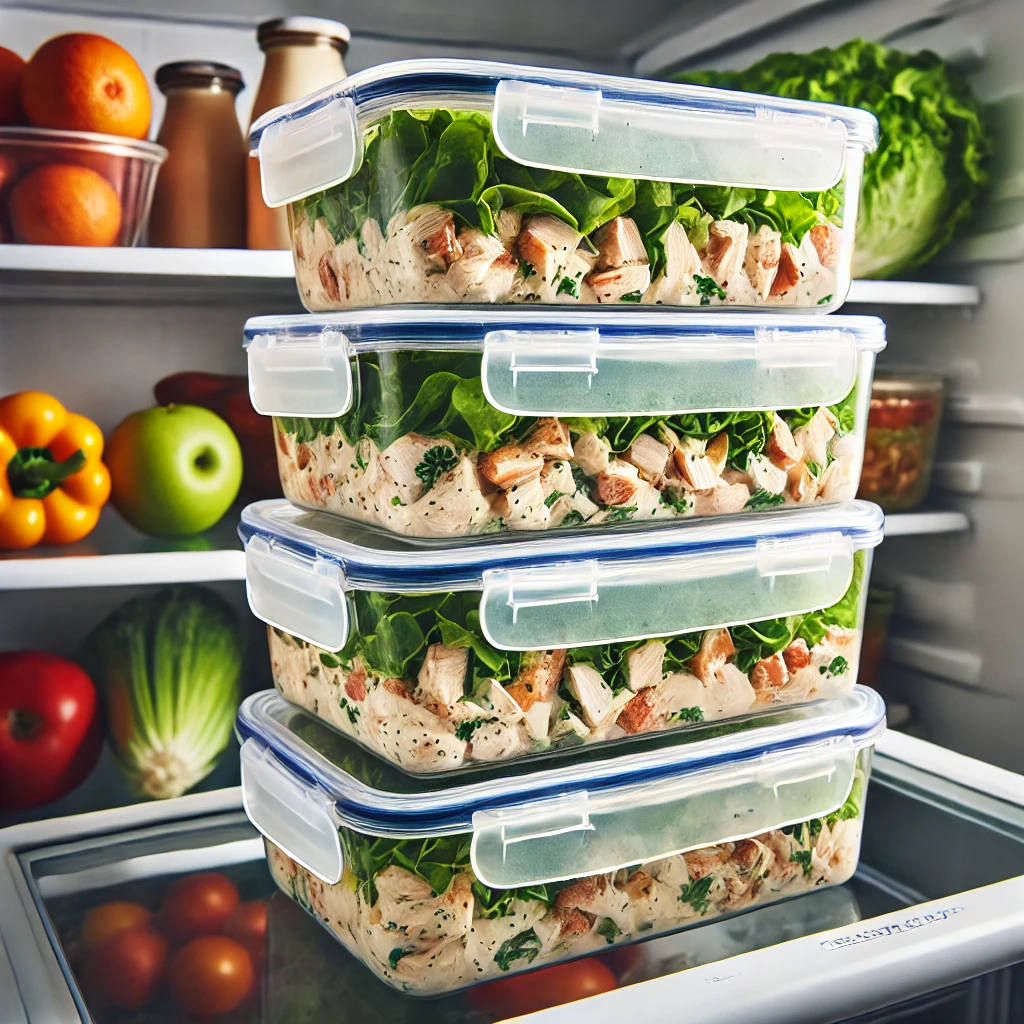 A fridge shelf with several airtight containers storing chicken salad.
