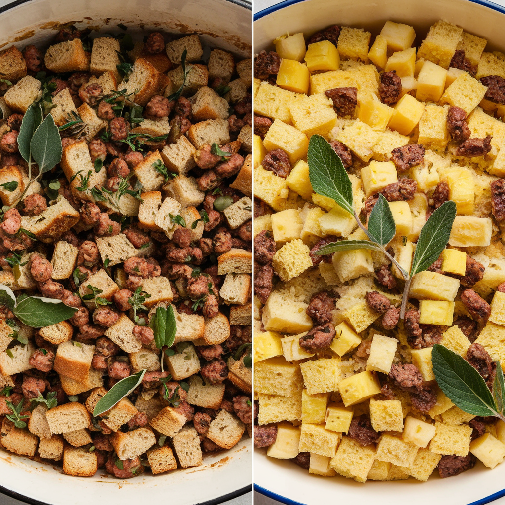 A comparison of traditional stuffing and dressing side by side.
