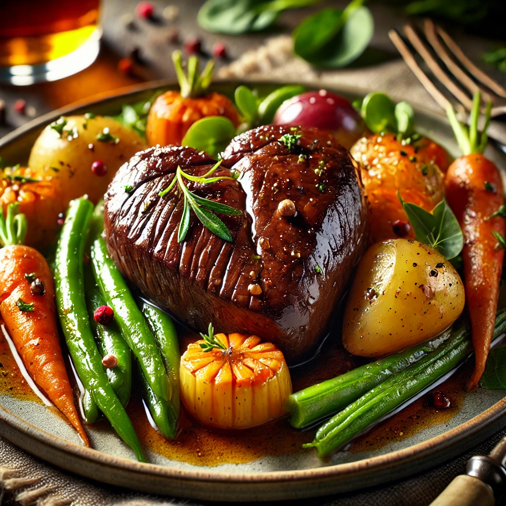 Beef heart recipe showing perfectly cooked beef heart slices served with fresh vegetables.