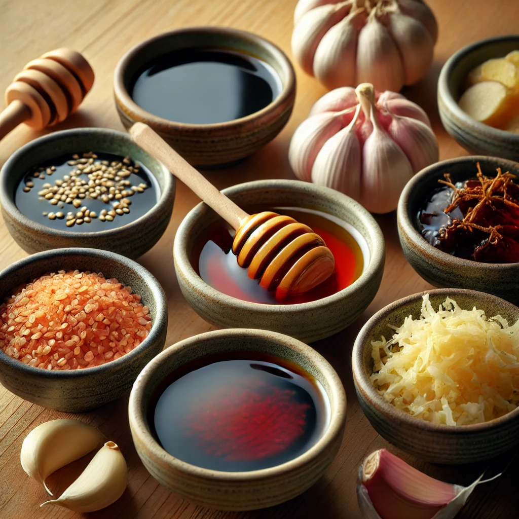 Key ingredients for Teriyaki Marinade in small bowls, including soy sauce, honey, garlic, and ginger.
