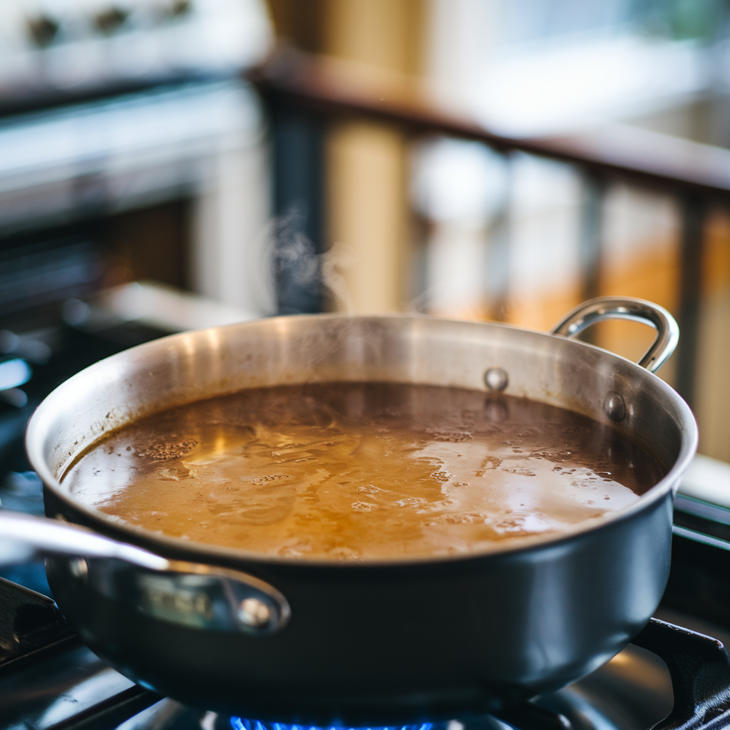 Thawed beef stock warming in a saucepan, ready to be used in recipes.
