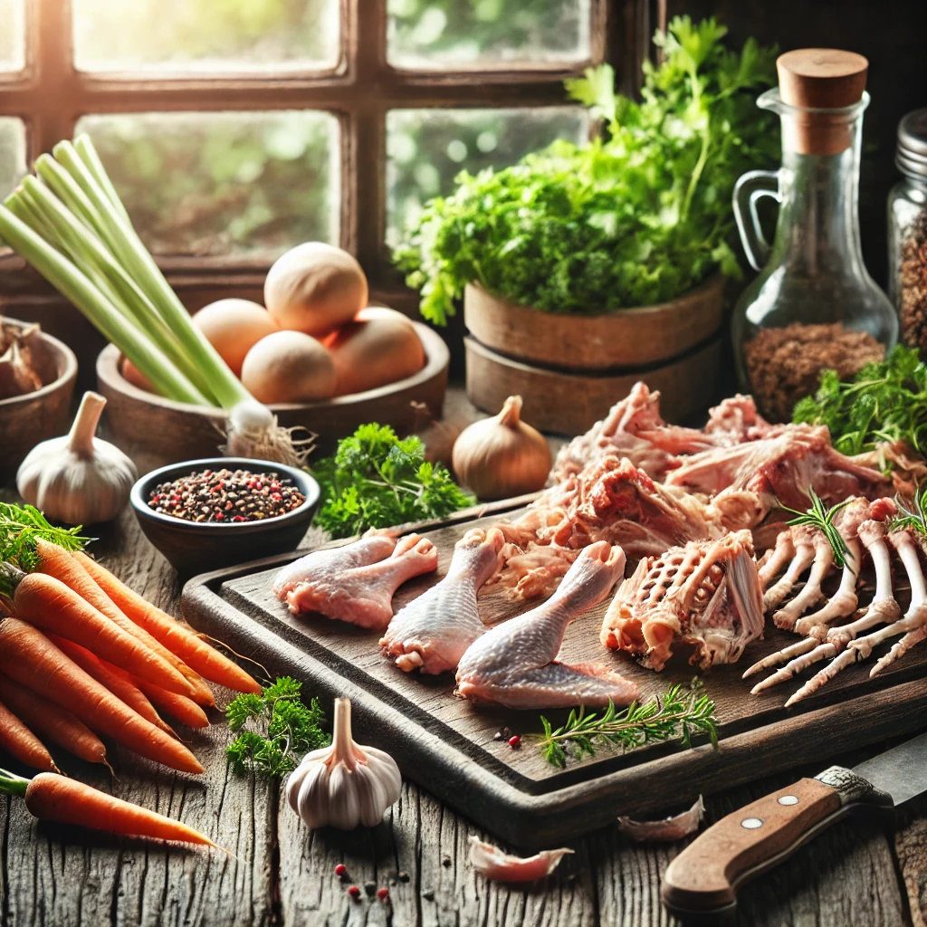 A variety of chicken bones, including carcasses, wings, feet, and drumsticks, on a wooden cutting board with fresh herbs and vegetables.