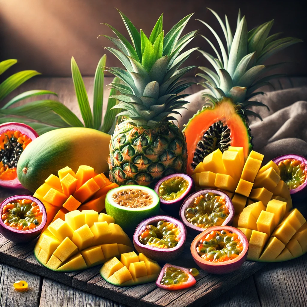 Fresh tropical fruits like pineapple, mango, and passion fruit arranged on a table. 
