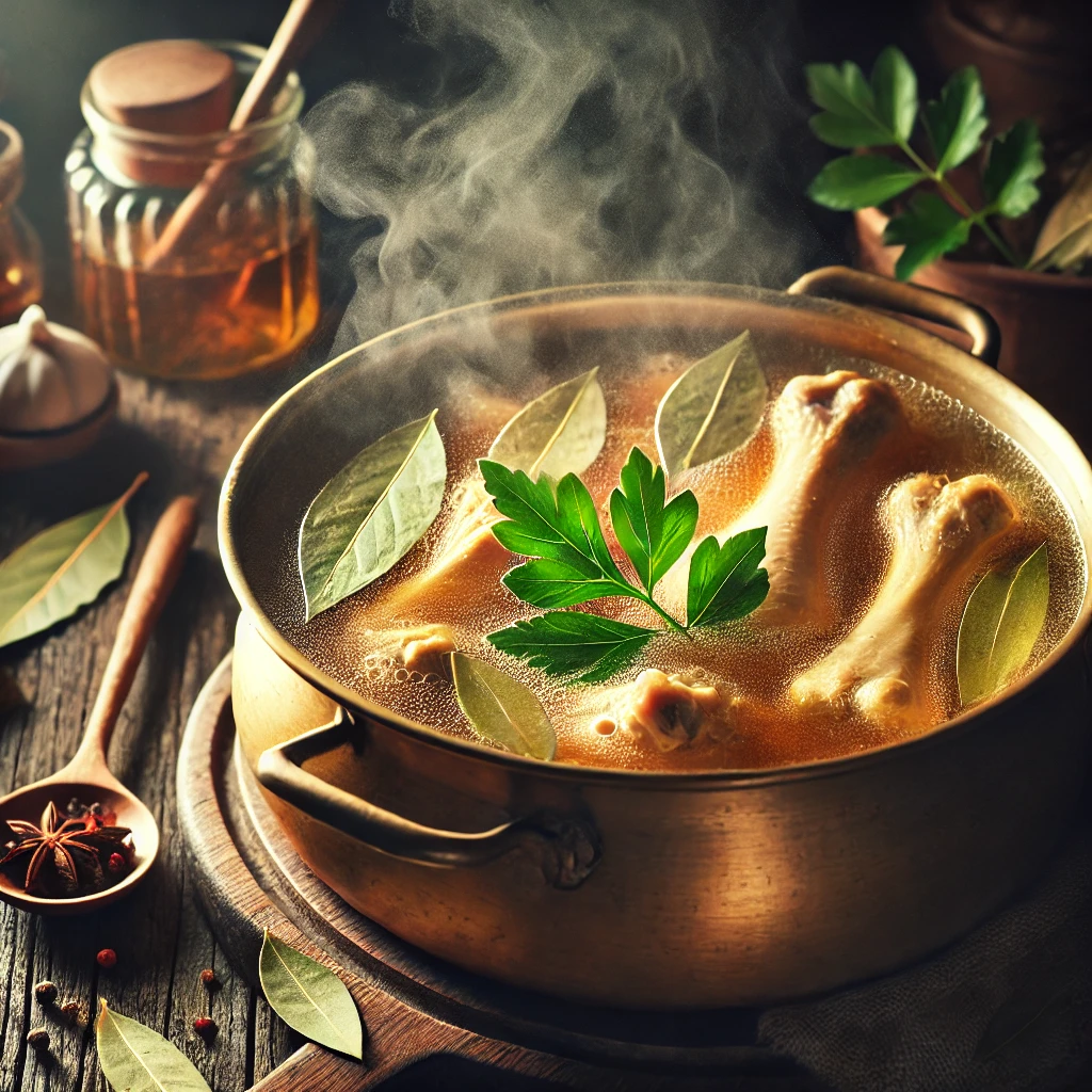 Golden chicken bone broth in a pot with fresh herbs, steam rising in a rustic kitchen.