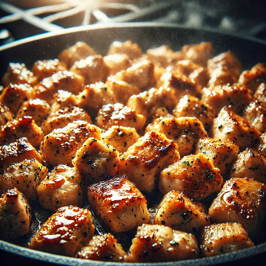 Juicy diced chicken pieces being cooked in a pan.