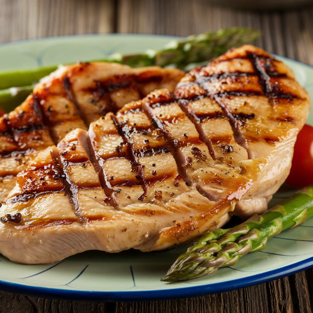 Juicy thin cut chicken breast on a grill