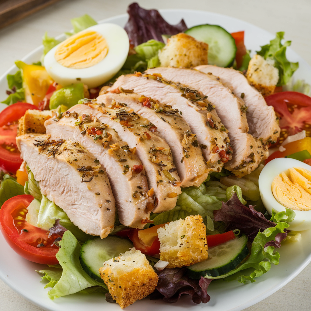 Thin cut chicken breast served with a fresh mixed salad
