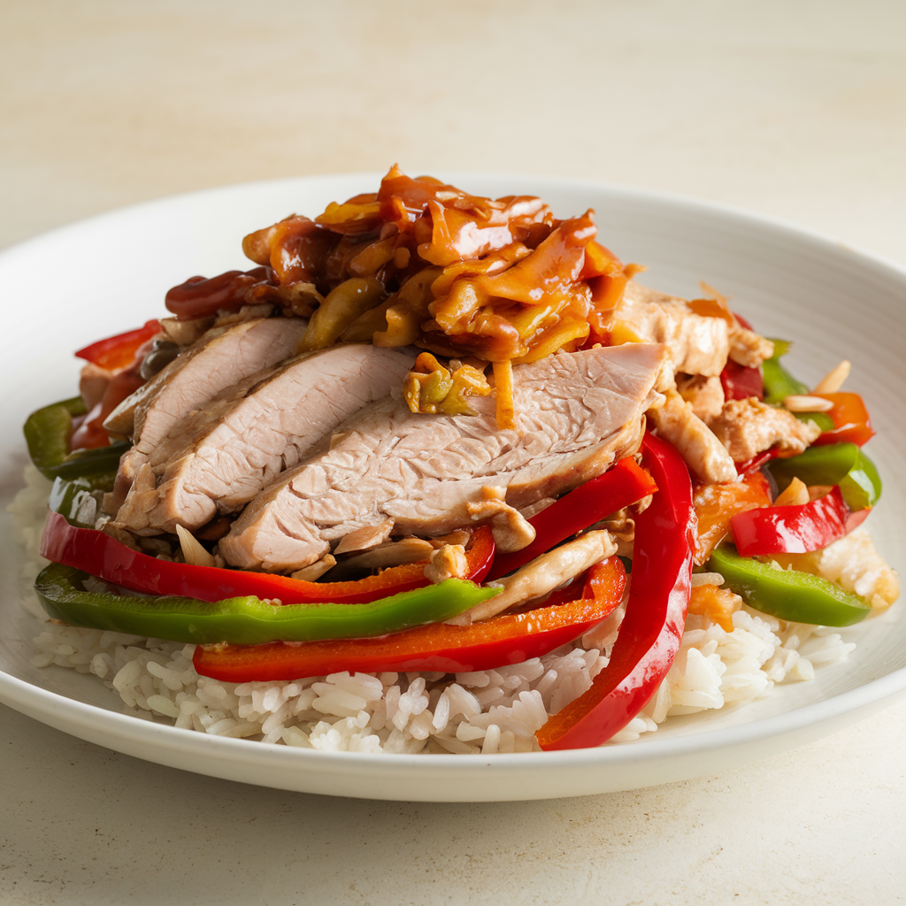 Stir-fried thin cut chicken breast with bell peppers, onions, and sauce
