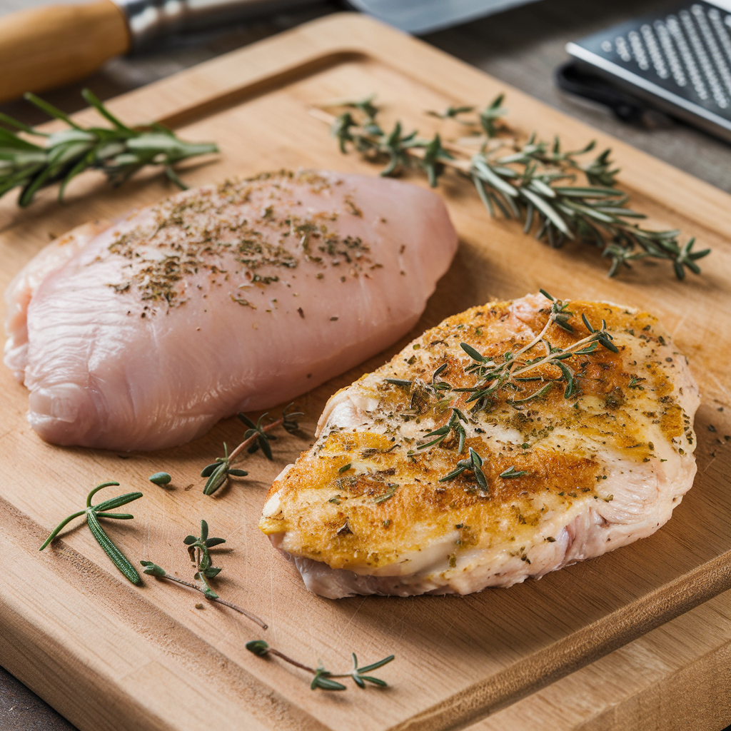 Thin cut chicken breast and chicken cutlet comparison on a cutting board.