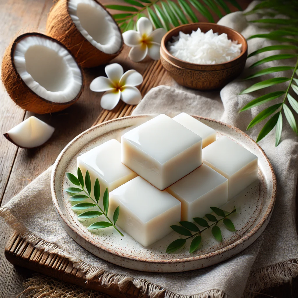 Close-up of traditional Hawaiian Haupia coconut pudding served in square pieces.