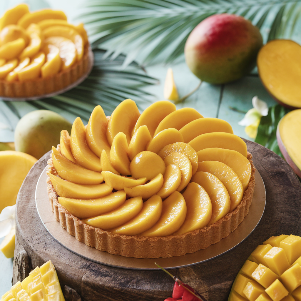 A mango tart with arranged slices in a floral pattern on a rustic wooden table.