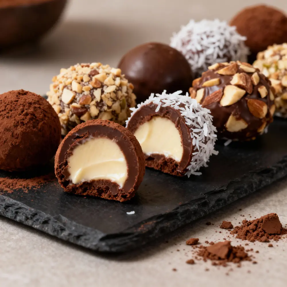 A variety of handmade chocolate truffles on a slate board, coated with cocoa powder, nuts, and coconut, with creamy centers.