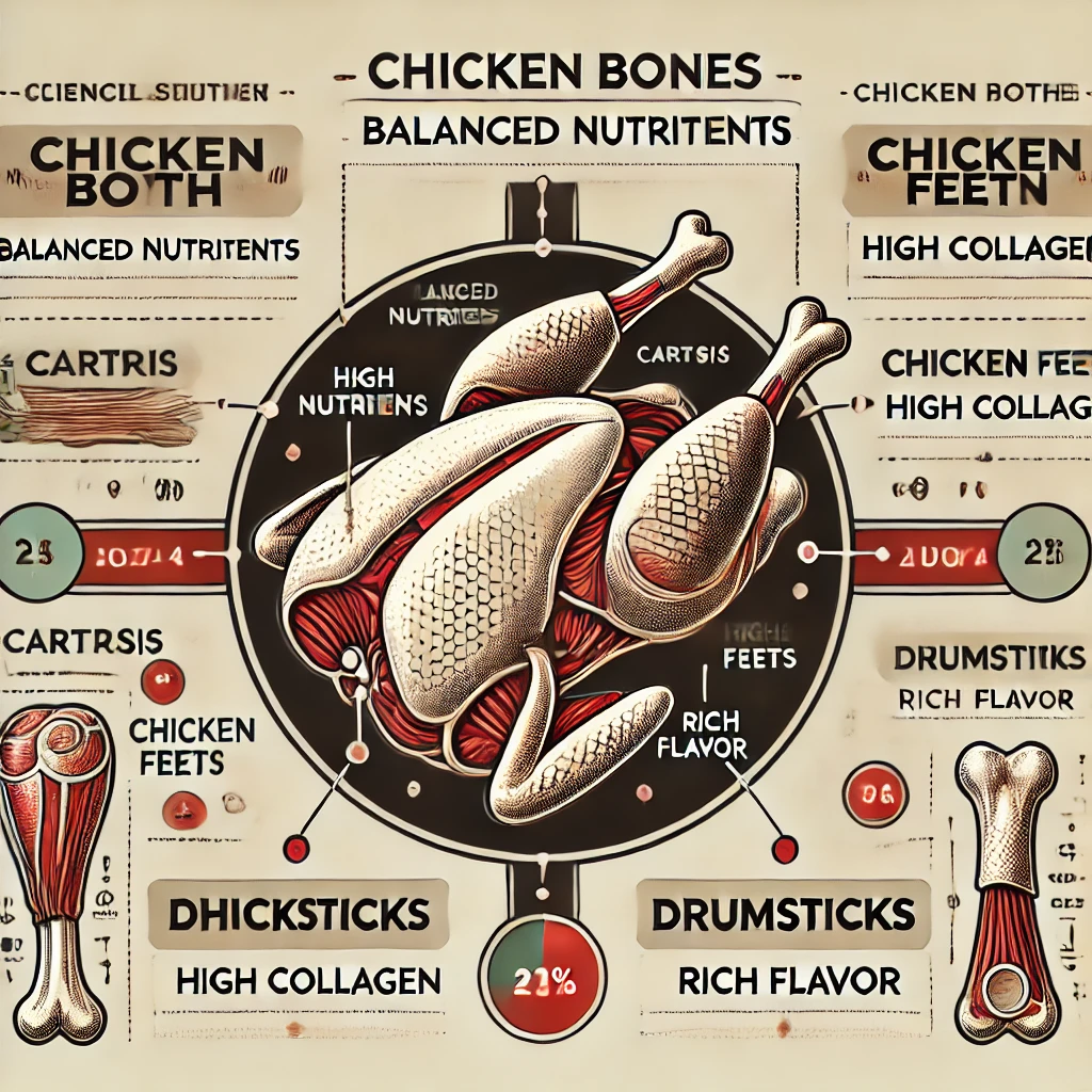 A labeled comparison of chicken carcasses, feet, and drumsticks, showing their unique contributions to bone broth.