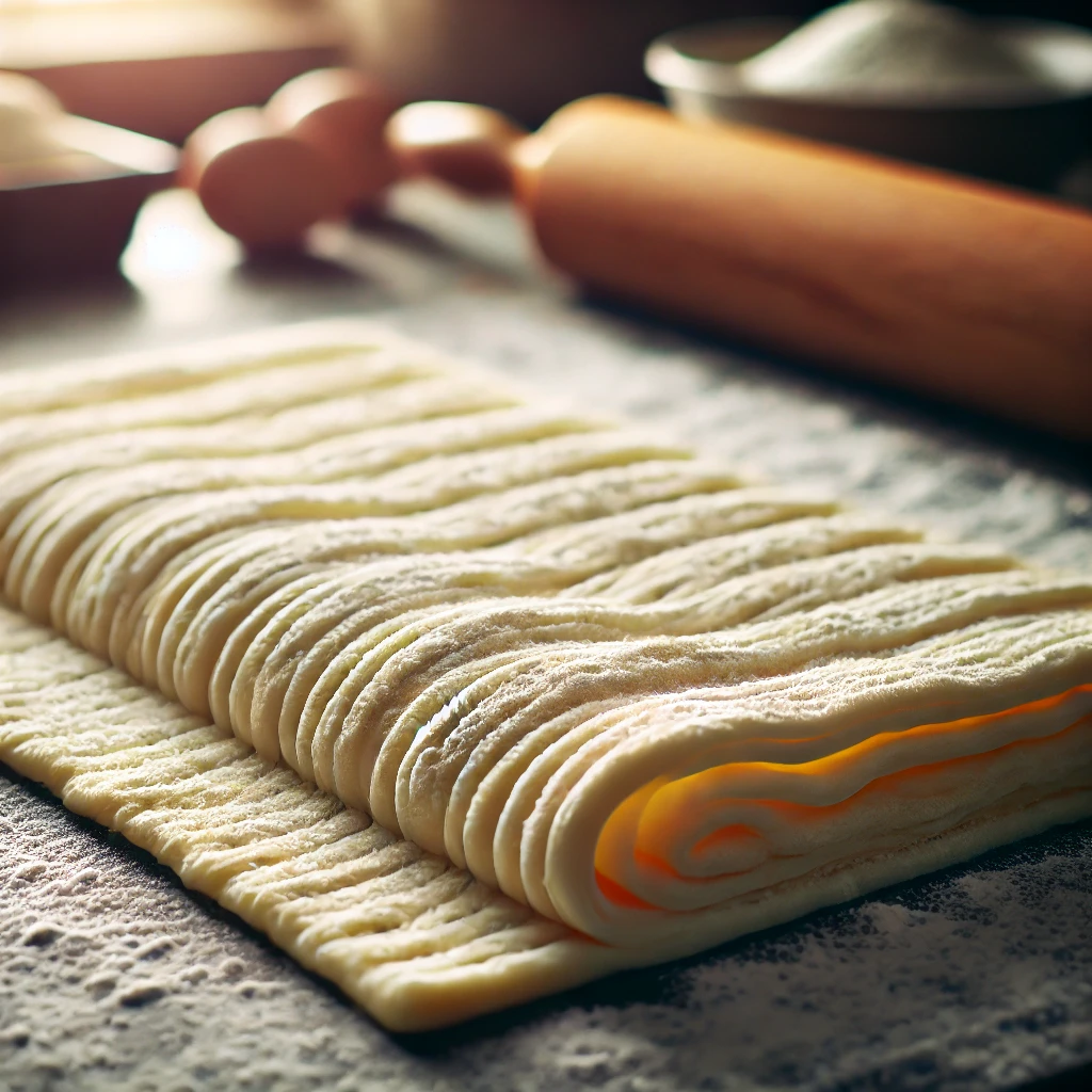 Uncooked puff pastry rolled out on a countertop, ready to be filled with sweet or savory fillings.