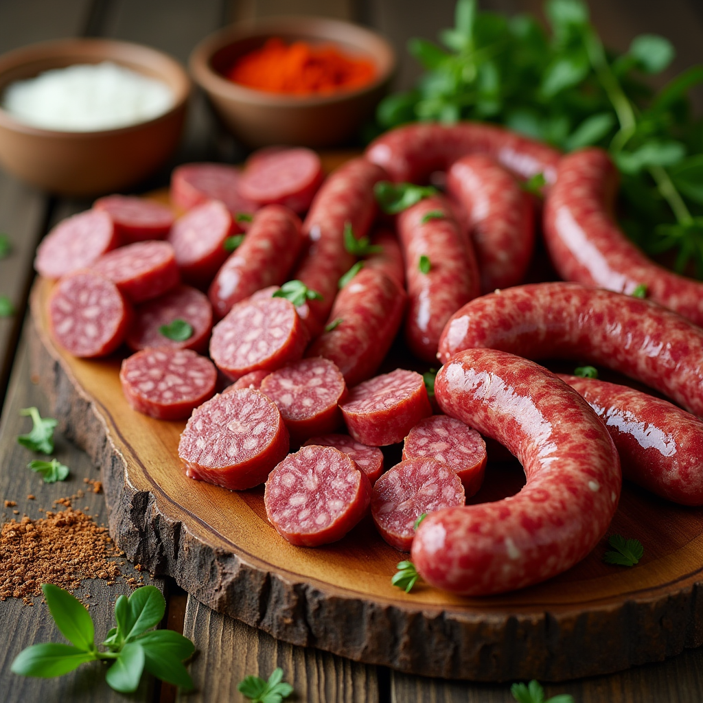 A wooden board with fresh, smoked, and specialty beef sausages arranged with seasonings and herbs.
